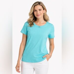 Allison Daley Women’s XL Aqua Blue Short Sleeve Top Scoop Neck Metal Detail